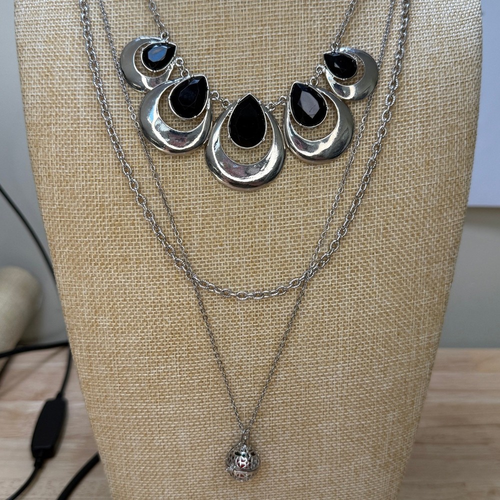 Boho Statement Layered Silver Tone Black Teardrop Necklace Set of 3
